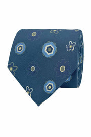 TOKYO - Cravatta stampata Blue con fiori e pattern geometrico in seta