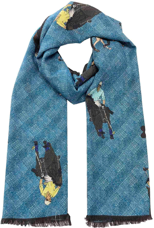 Vintage light blue scarf with polo players super soft - ALMA