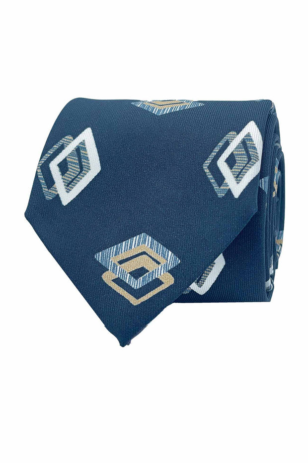 TOKYO - cravatta stampata in seta con disegno di diamanti vintage su sfondo blu