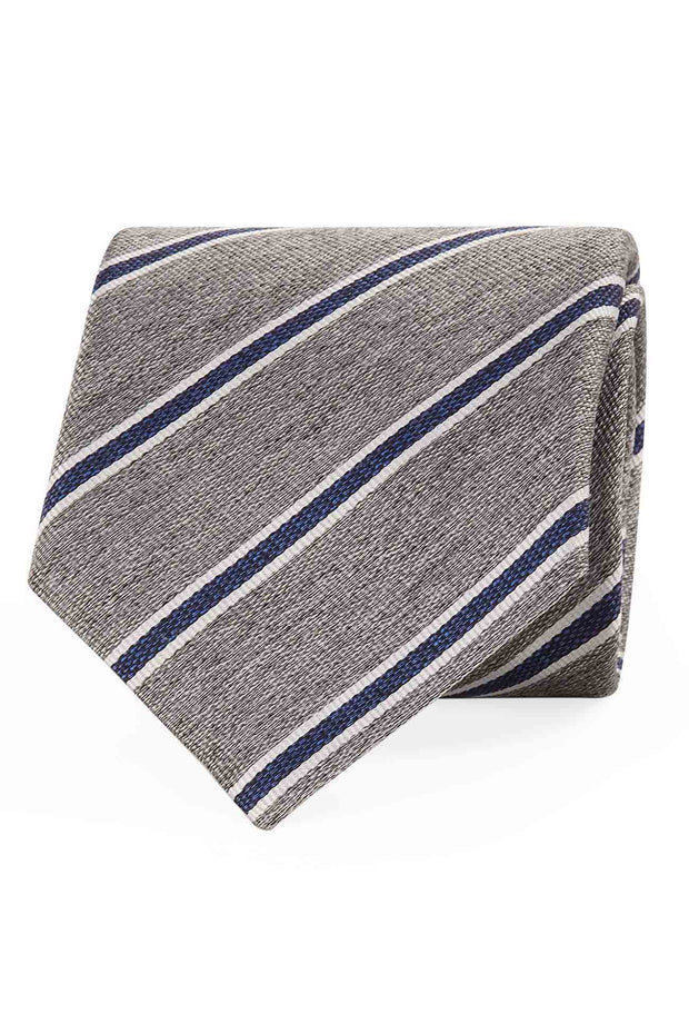 Grey and blue striped silk hand made tie