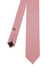 Cravatta in seta stampata rosa con micro pattern floreale grigio e bianco