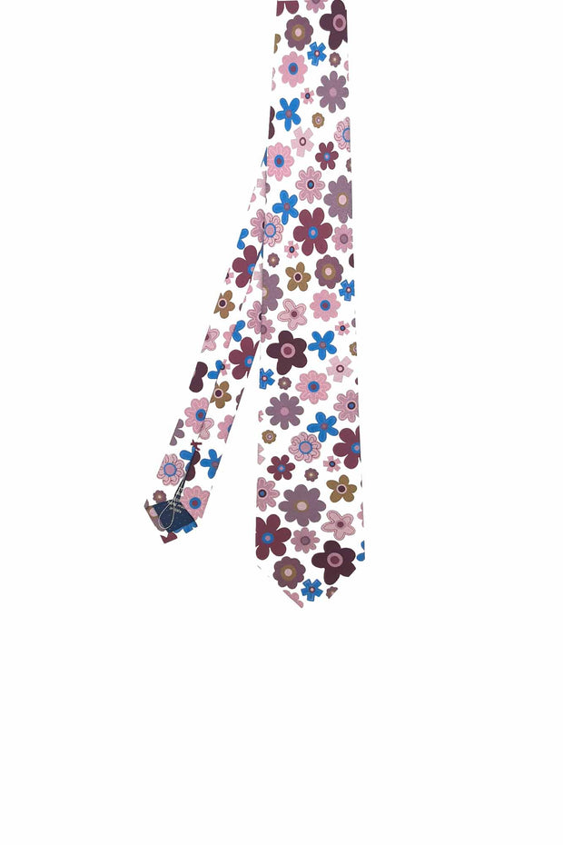 Limited series silk tie with violet stylized flowers print on a white background