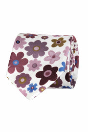Limited series silk tie with violet stylized flowers print on a white background