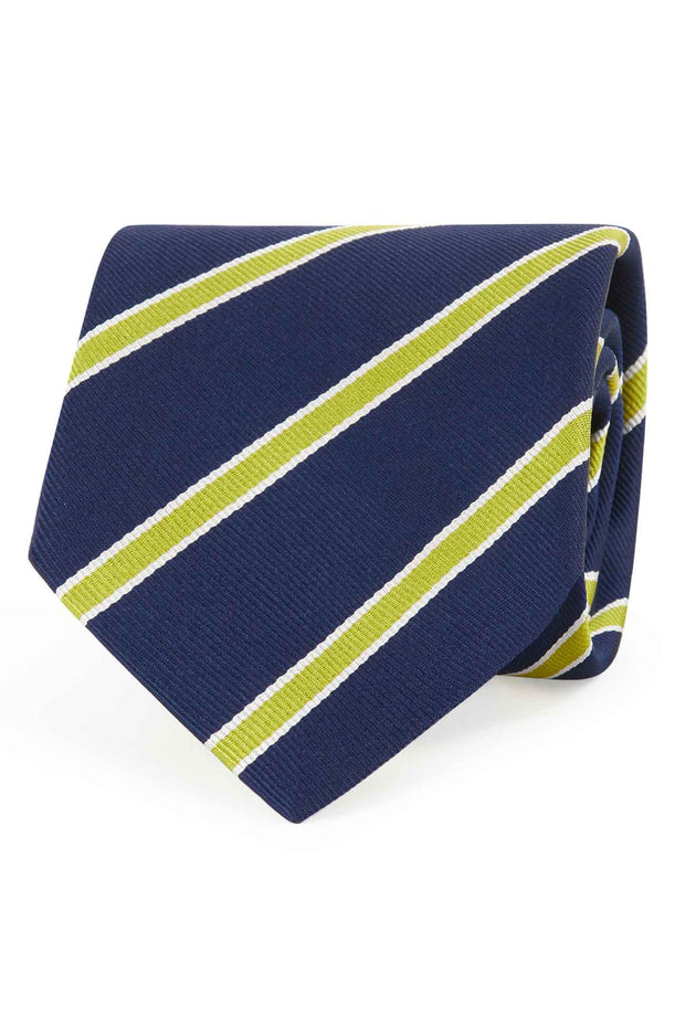 Blue and bright green-yellow striped silk hand made tie