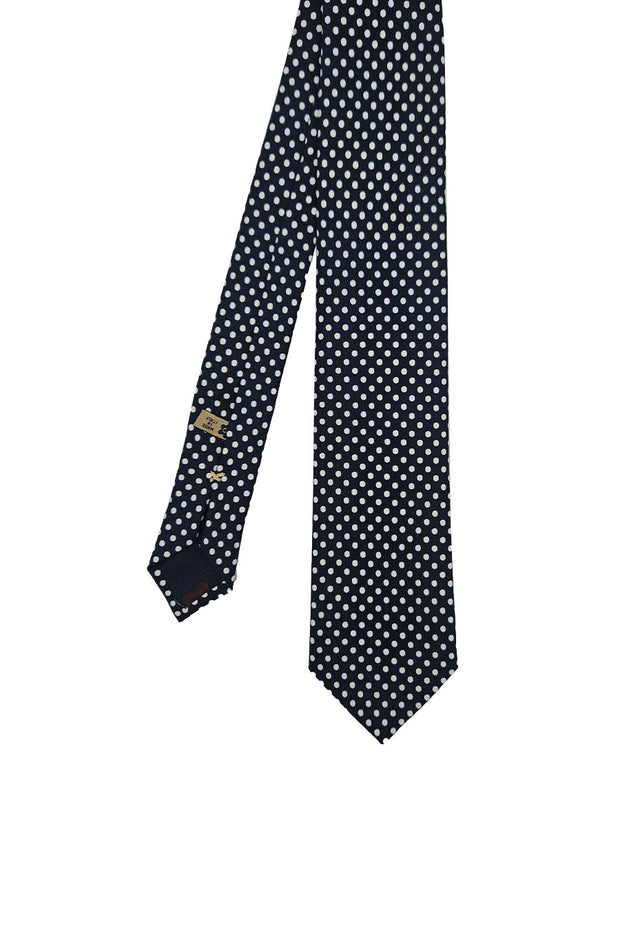 Cravatta a pois elegante blu e bianca in seta stampata