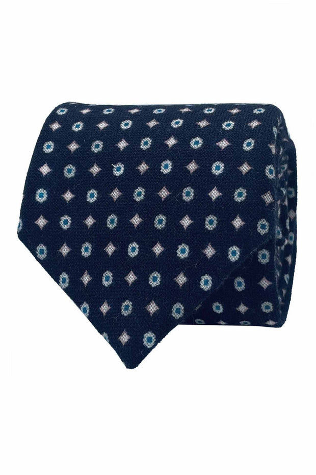 Blue flower and diamonds pattern printed wool hand made tie