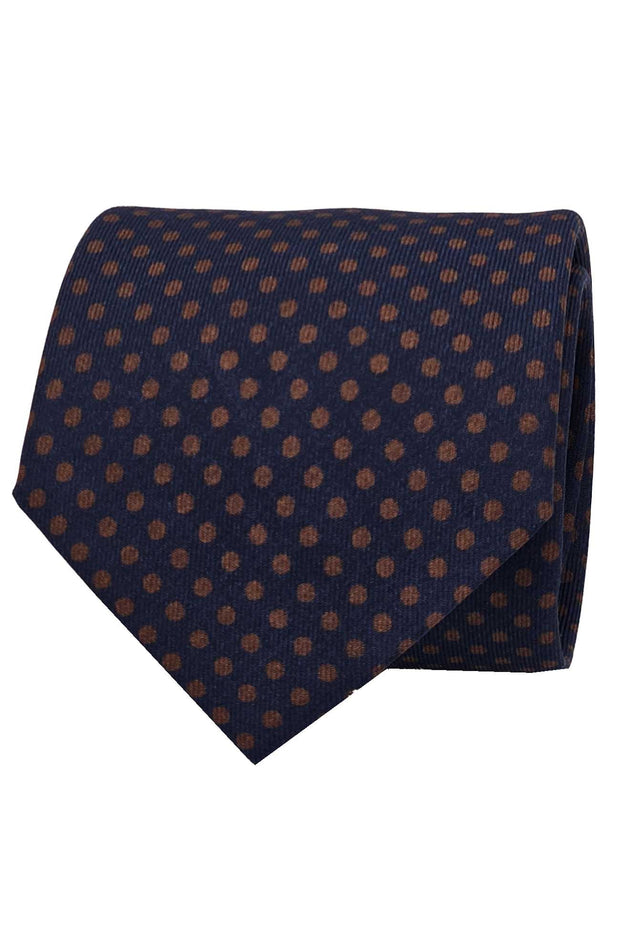 Cravatta a pois elegante blu e marrone in seta stampata