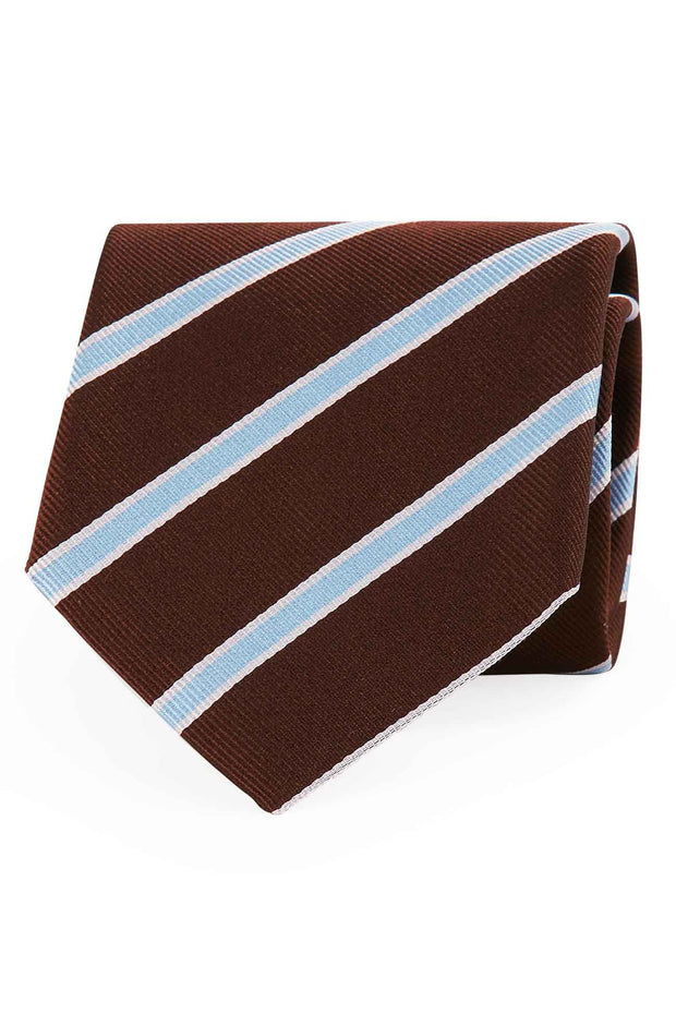 Brown and light blue striped silk hand made tie