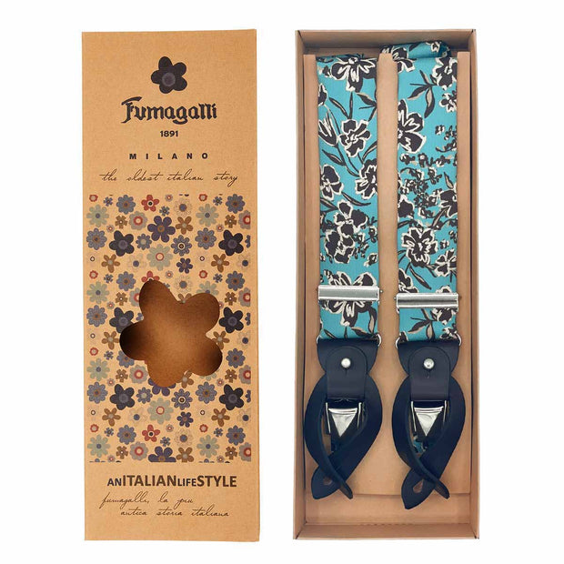 TOKYO - Luxury braces light blue silk and leather floral design