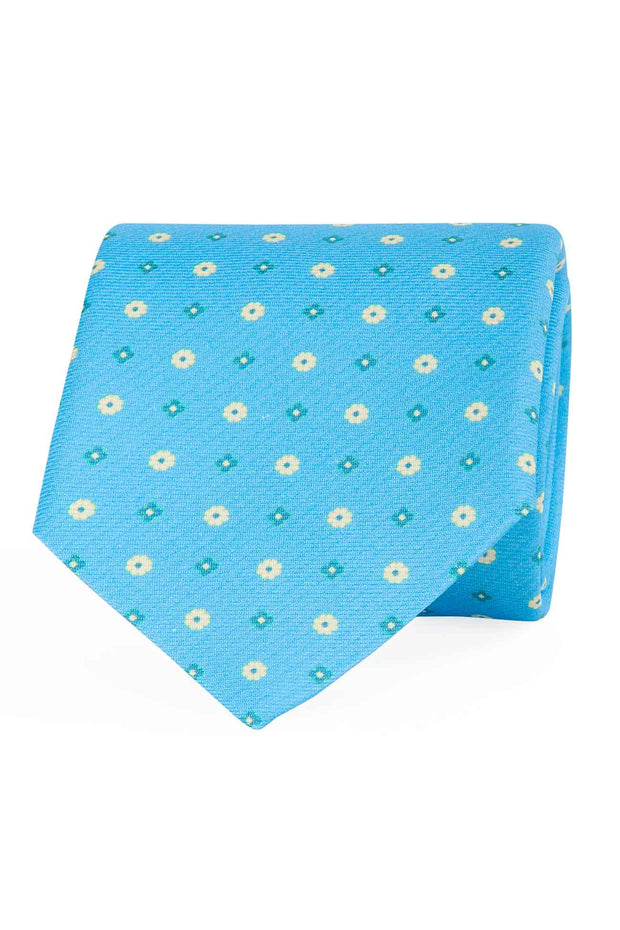 Cravatta in seta azzurra con stampa micro floreale 
