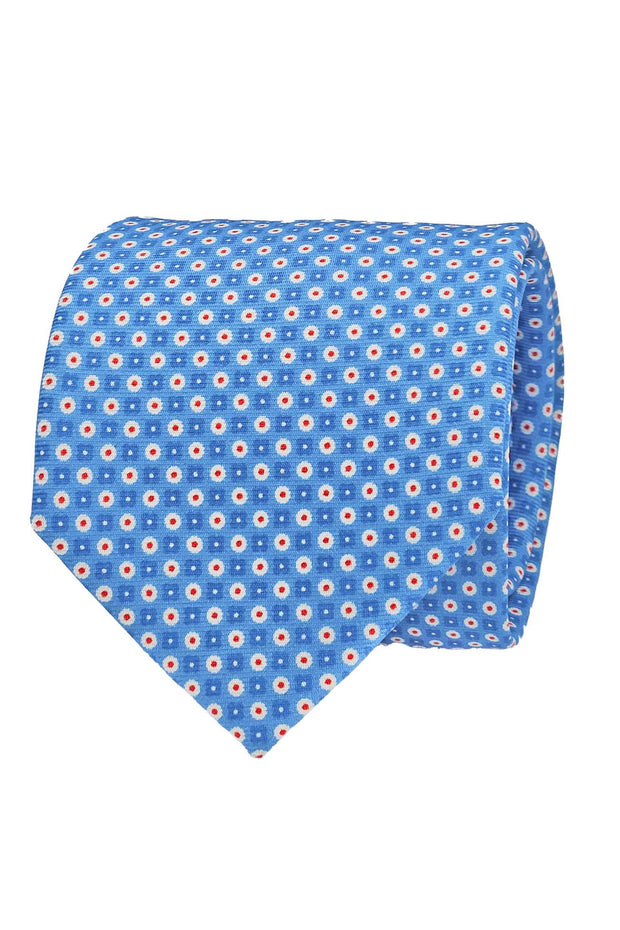 Cravatta azzurra con micro-fiori & punti bianchi con dettaglio rosso