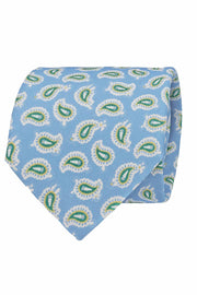 Sky blue silk printed tie with green & yellow paisley archives design