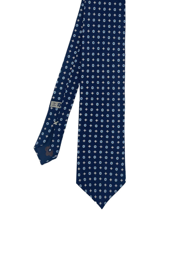 Blue flower and diamonds pattern printed wool hand made tie