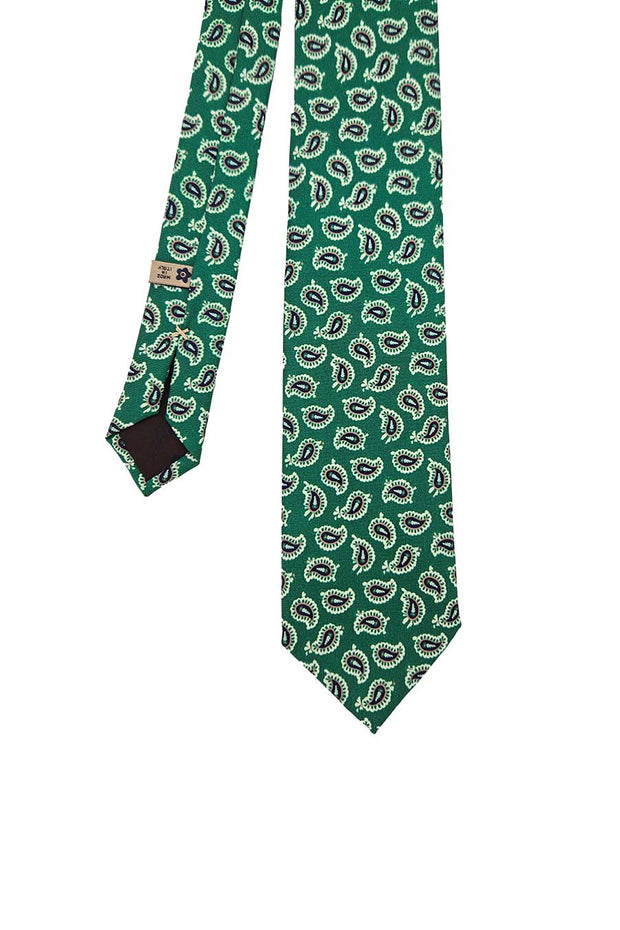 Cravatta in seta stampata verde con paisley blu
