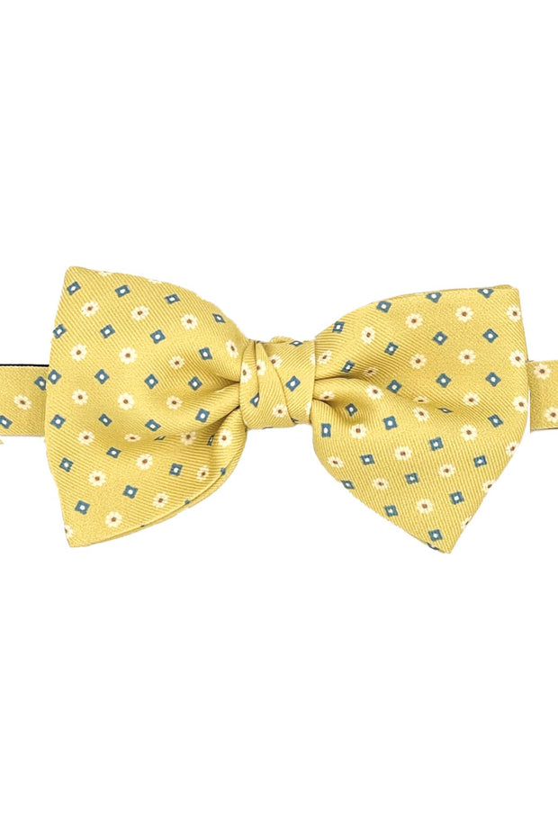 Yellow micro floral and diamonds design printed pre-knotted bow tie