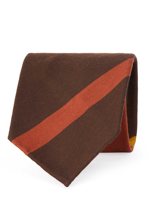 Regimental unlined tie in wool printed with stripes brown, orange and yellow