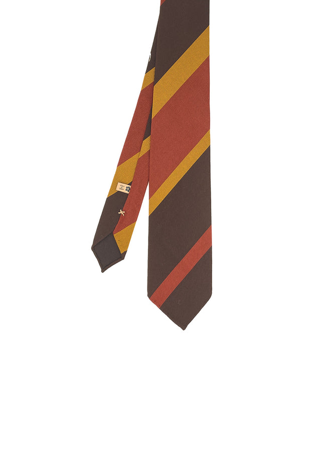 Regimental unlined tie in wool printed with stripes brown, orange and yellow