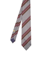 Grey, brown & burgundy asymmetrical striped unlined silk tie- Fumagalli 1891