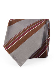 Grey, brown & burgundy asymmetrical striped unlined silk tie- Fumagalli 1891