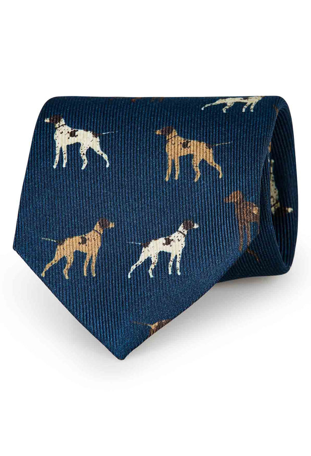 Blue dog design printed silk hand made tie