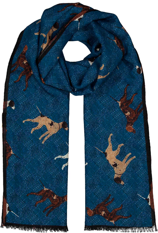 Sciarpa con frange blu con cani da caccia stampati - Fumagalli 1891