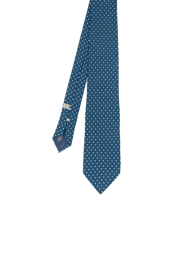 Blue printed tie with white micro polka dots