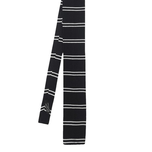 black silk knitted tie with white stripes