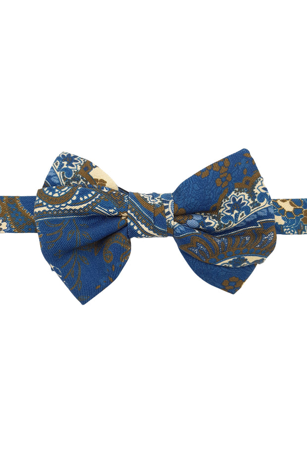 Blue ready tie bow tie with paisley and flowers pattern