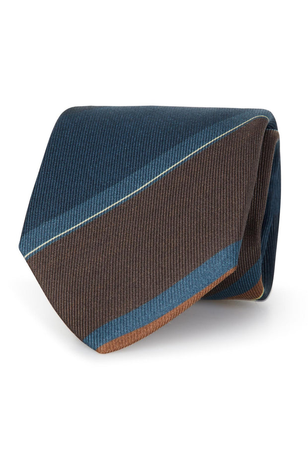 Regimental printed silk tie with blue and brown striped pattern