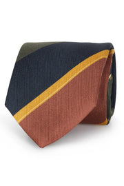 Regimental printed silk tie with green, blue, orange and yellow stripes