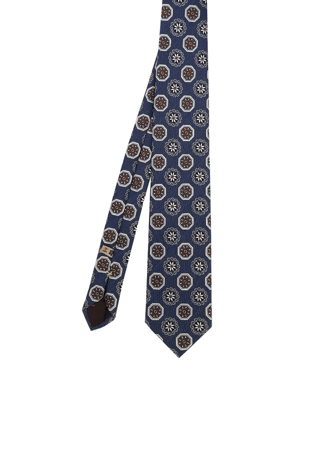 Blue jacquard tie with flowers and medallions