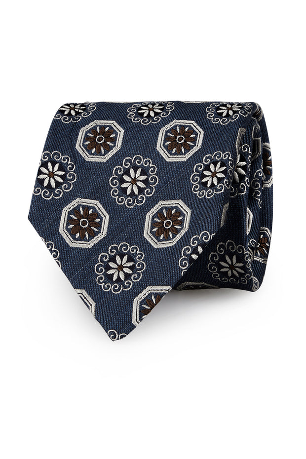 Cravatta blu con medaglioni e fiori - Fumagalli 1891
