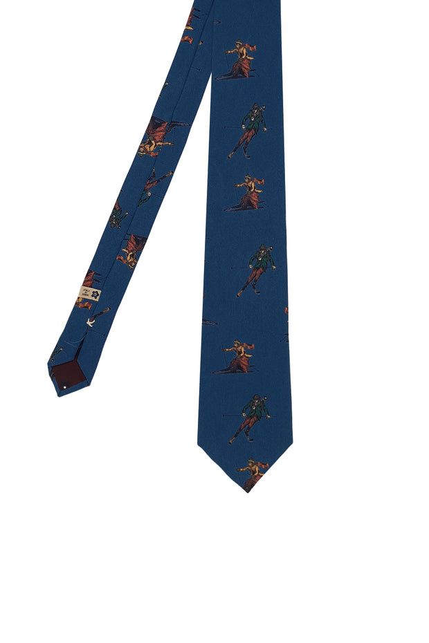 Blue silk tie with retro skiers print