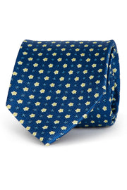 Blue silk tie with yellow micro flowers print
