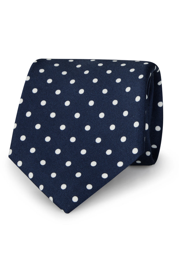 Blue printed tie with white polka dots