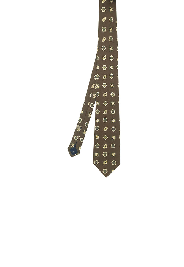 Brown tie in pure silk printed with classic pattern