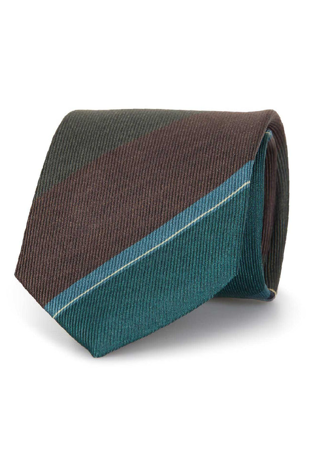 Regimental silk printed tie with brown and green striped pattern