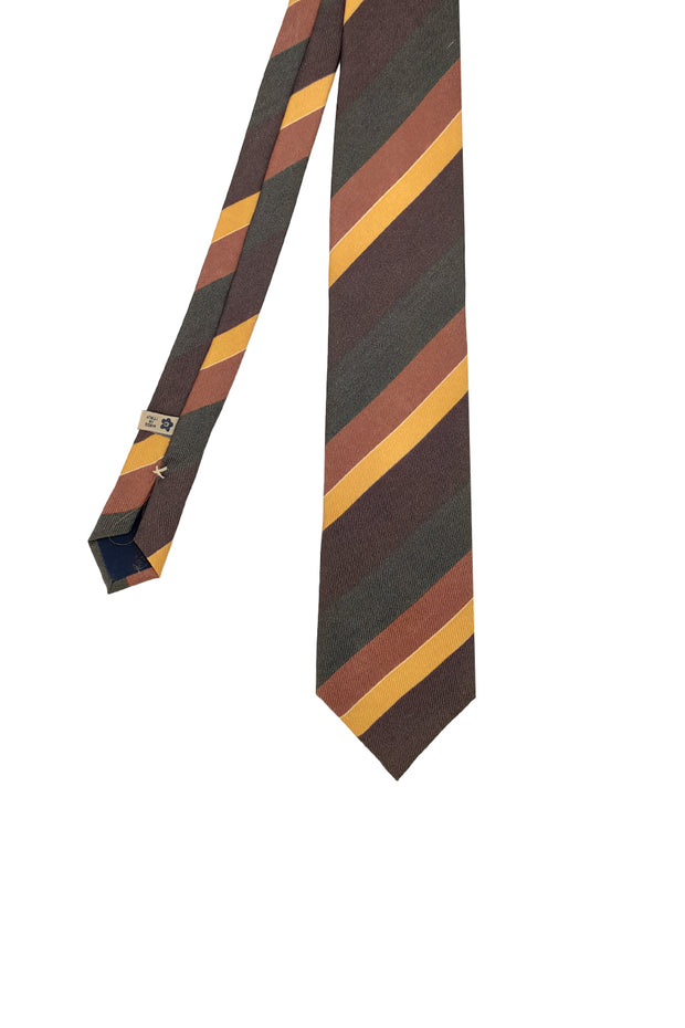 Regimental tie in silk printed with stripes in shades of brown and orange