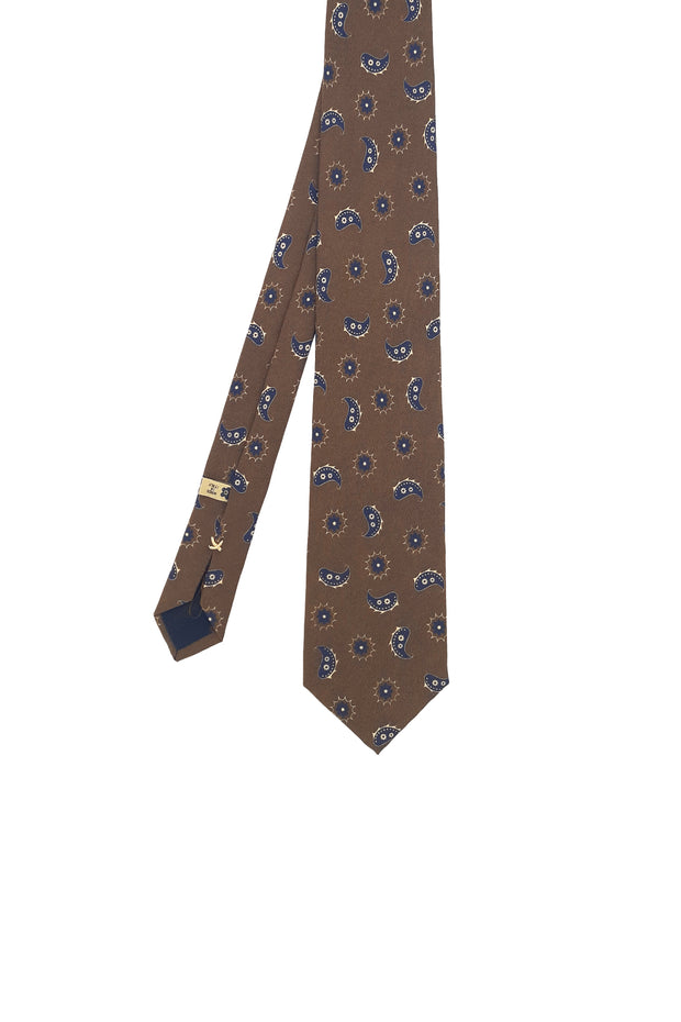 Brown blue paisley vintage printed hand made silk tie