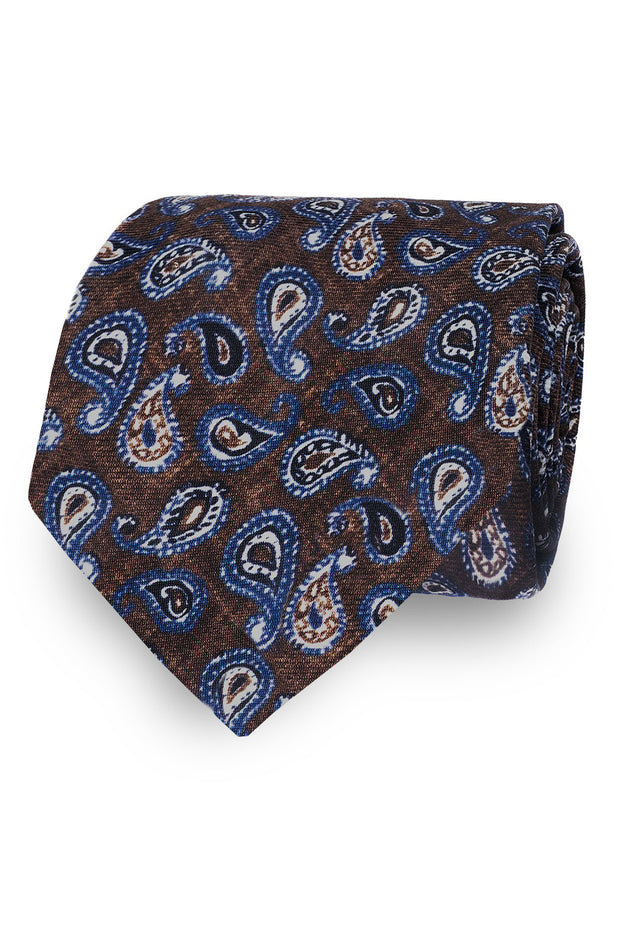 Archive brown tie with blue and white paisley print in pure silk