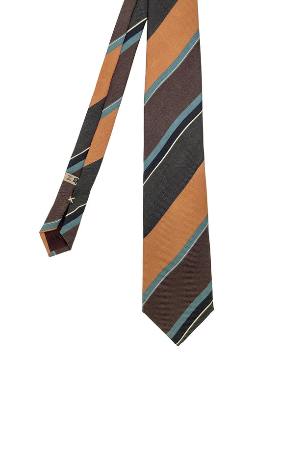 Regimental tie in silk printed with stripes in shades of brown