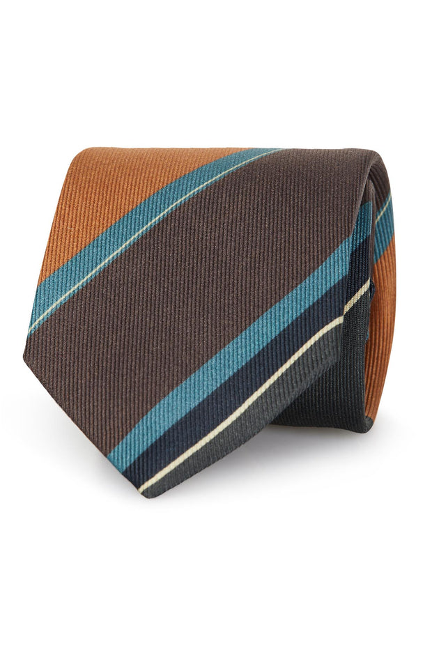 Regimental tie in silk printed with stripes in shades of brown