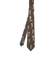 Brown tie in pure silk printed with white golfers