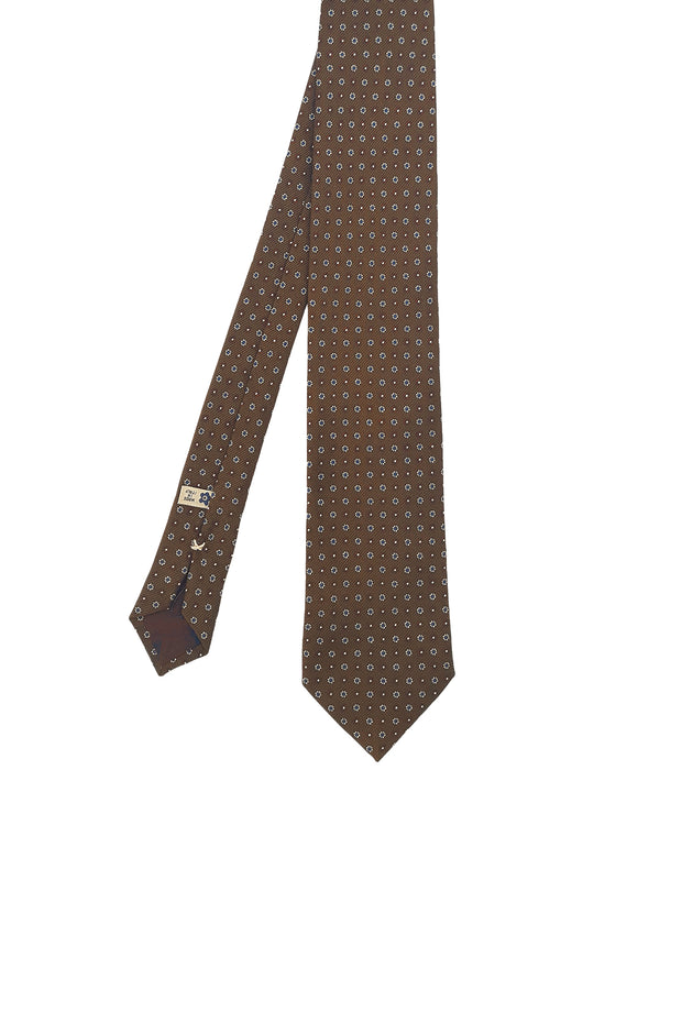 Brown micro flower printed silk hand made classic tie