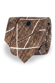 Brown printed silk archive tie with white lines and blue dots