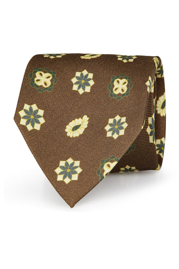 Cravatta stampata marrone in pura seta con design classico - Fumagalli 1891