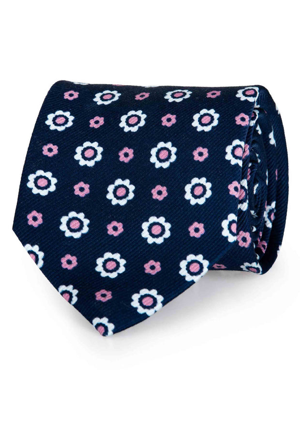 Blue, pink & white daisy patterned pure silk printed hand made archive tie