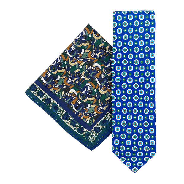 Set cravatta stampata blu classica e fazzoletto da taschino astratto verde - Fumagalli 1891