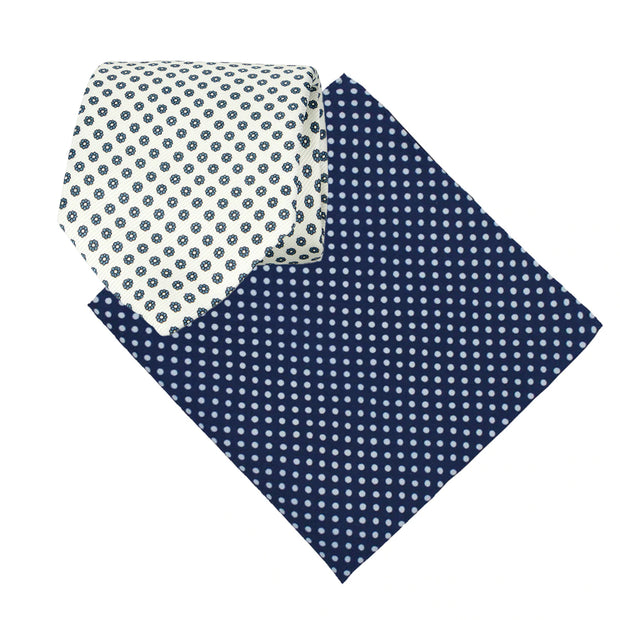 White and blue micro flowers tie and dark blue pocket square set - pure silk - Fumagalli 1891