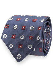 Cravatta jacquard in seta con fondo blu chiaro e fiori bianchi e rossi 